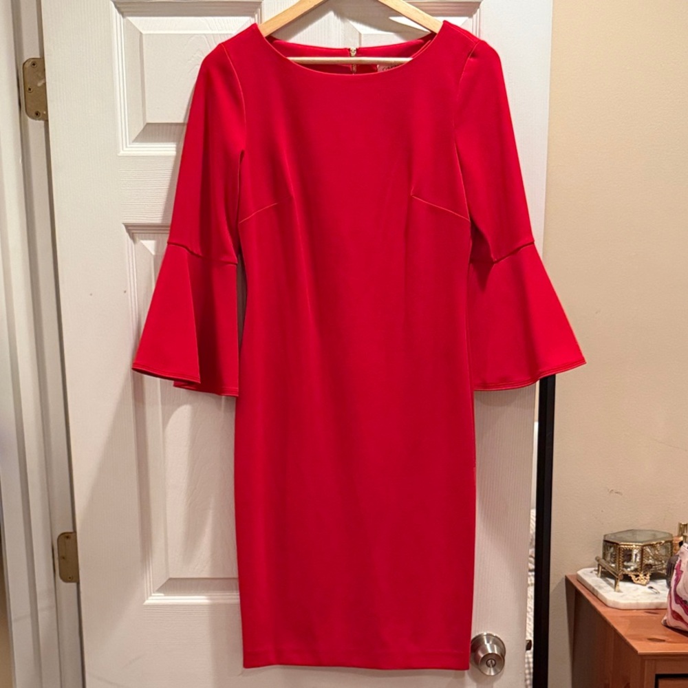 Calvin Klein Red Bell-Sleeve Midi Sheath Dress
